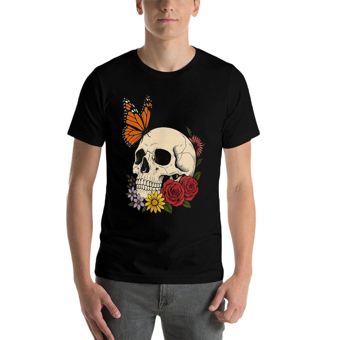 Skulls Monarch Butterfly Flowers Halloween Men Women  Classic T-Shirt
