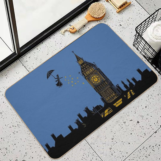 Mary Poppins And Big Ben Linocut Silhouette Print in Black, Blue And Gold  High-Traffic Bath Mat