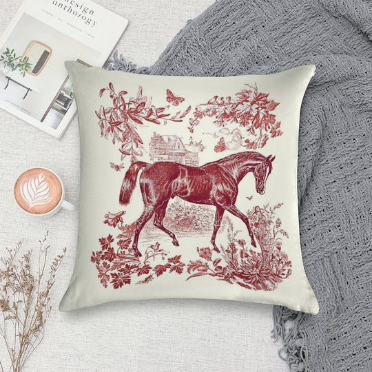 Elegant Stylish Vintage Rustic Horse Red Floral Toile Soft Luxury Feel Throw Pillow