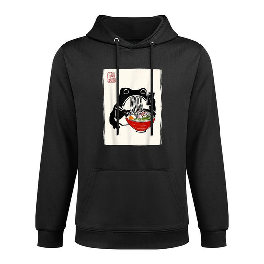 Funny Grumpy Frog Ramen Sumi-e Kawaii Ink Painting Japanese Kangaroo Pocket Hoodie
