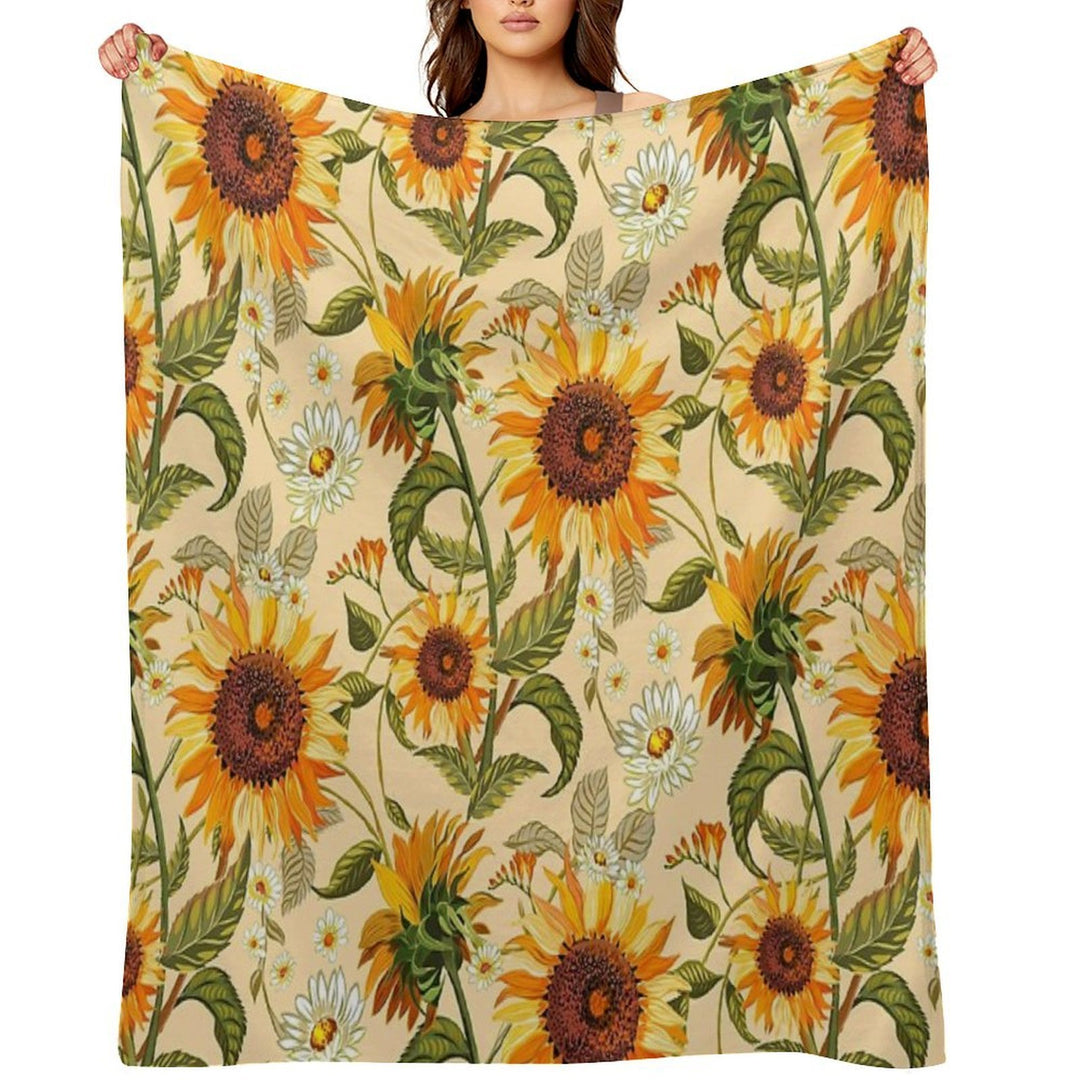 Sunflowers 70s Vintage Golden Retro Pattern, Yellow And Orange Flowers Lightweight Throw Blanket
