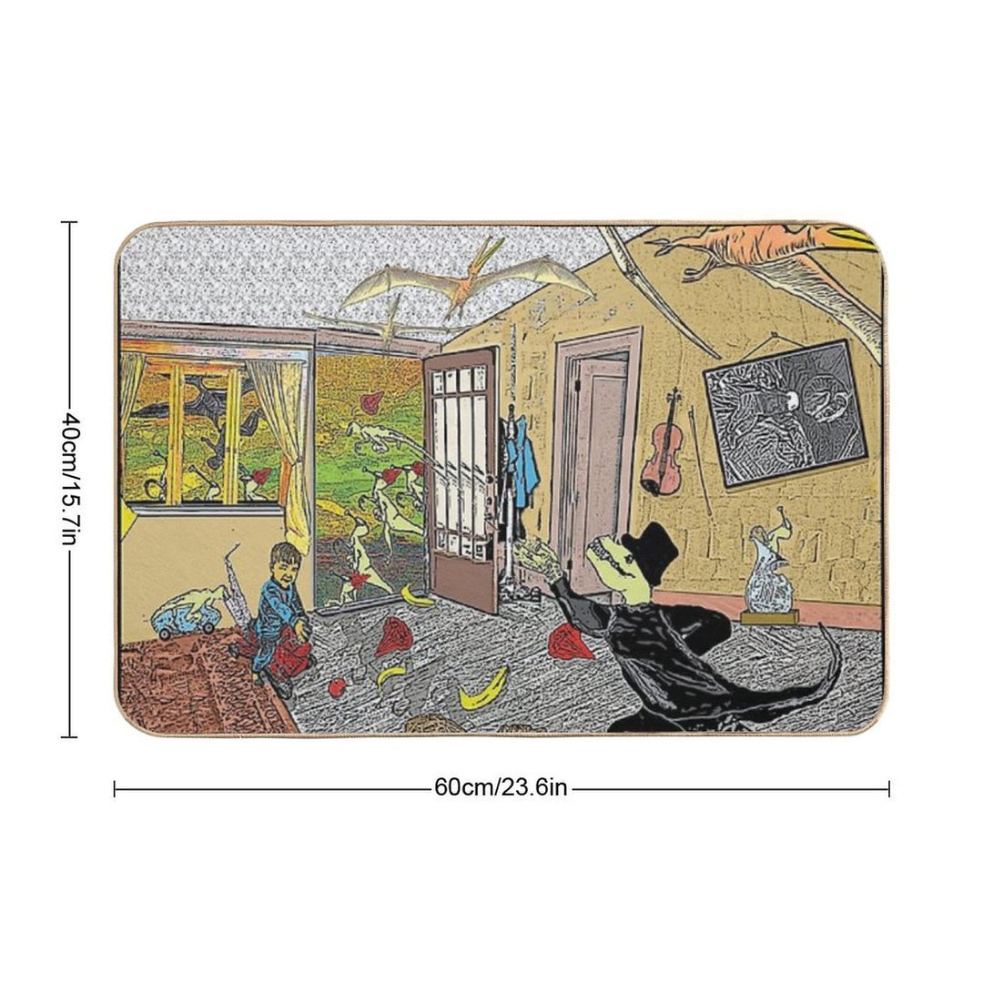 A Tuxedoed Dinosaur Helps Evict Rowdy Party-goers.  Toxin-Free Bath Mat