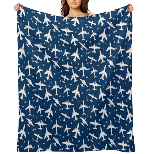 Blue And White Aeroplanes Silhouette Pattern Wrinkle-free Throw Blanket