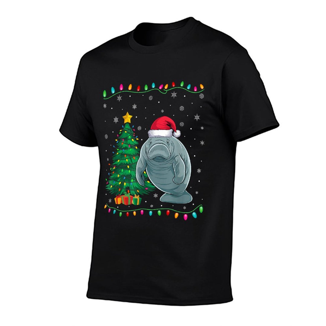 Manatee Santa Hat Men Women Kids Christmas Tree Lights  Soft T-Shirt