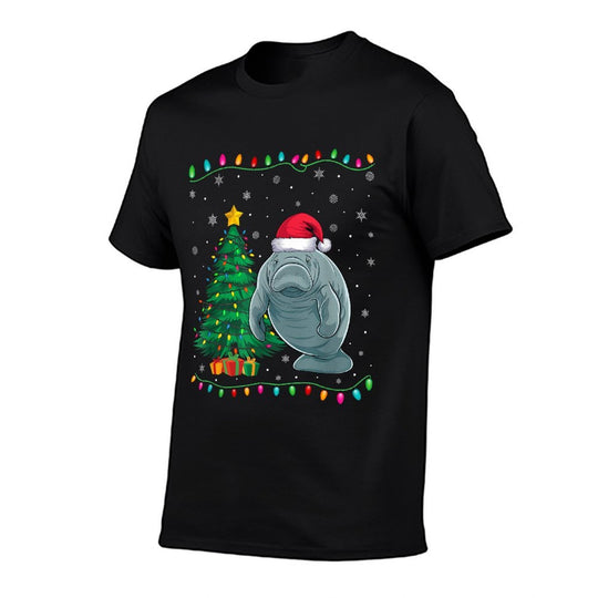 Manatee Santa Hat Men Women Kids Christmas Tree Lights  Soft T-Shirt