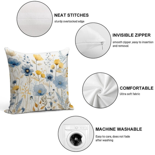 Blue And Yellow Wildflowers, Watercolour  Boho Flowers Soft Shrink-Resistant Throw Pillow