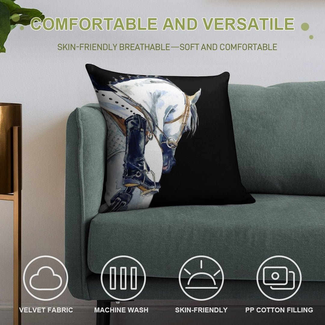Dressage Sport Horse with Rider. Watercolor Horse Illustration. Soft Washable Throw Pillow