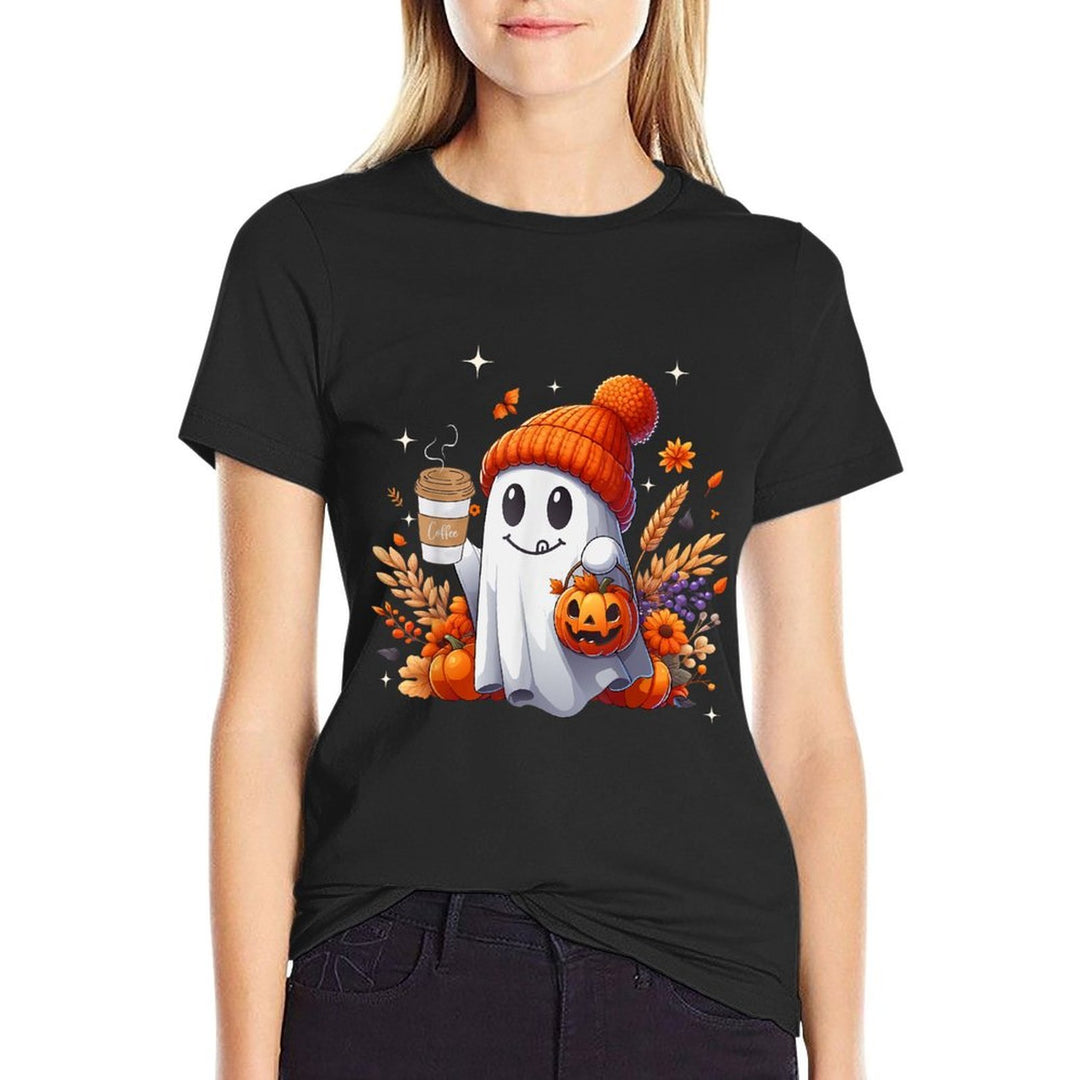 Men Women Autumn Cute Ghost Drinking Coffee Spooky Halloween  Moisture-wicking T-Shirt