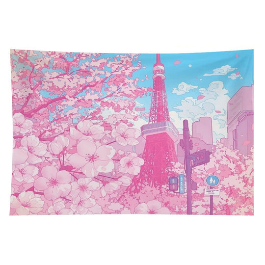 Tokyo Tower & Cherry Blossom (Corrected Colors) Tapestry