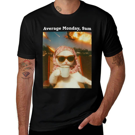 Cat Meme Average Monday 9AM Funny Sarcastic Back to Work  Heathered Texture T-Shirt
