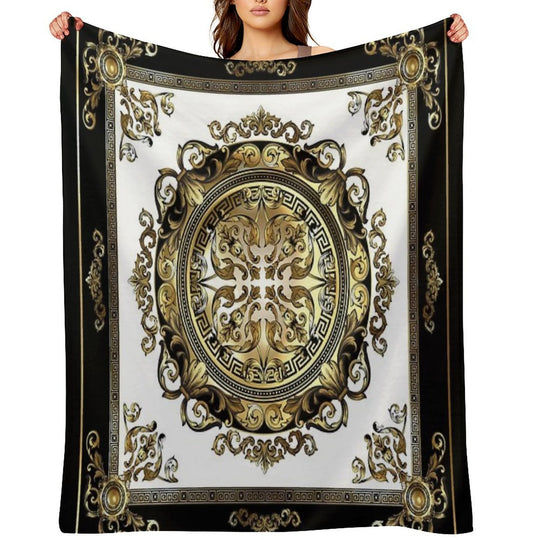 Ornate Baroque White Gold Black Greek Key Meander Sustainable Throw Blanket