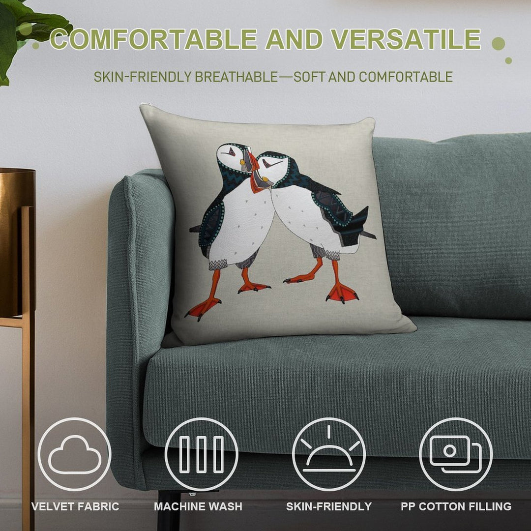 Puffin Pair Warm Grey Soft Decorative Cover Throw Pillow