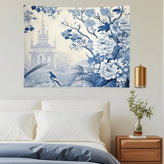 Cerulean Pastoral Pavillion Chinoiserie Tapestry