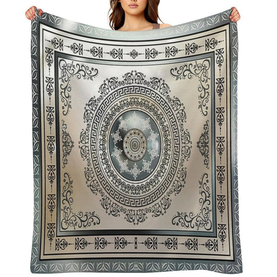 Ornate Greek Key Meander Green And Cream Medallion Machine-washable Throw Blanket