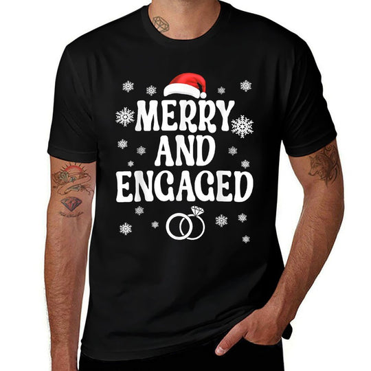Merry And Engaged Couple Christmas Matching Pajama PJ Comfortable T-Shirt