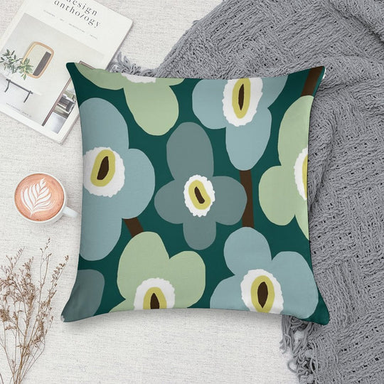 Iconic Retro Scandinavian Floral Pattern in Green And Blue Soft Short Plush Fabric Throw Pillow