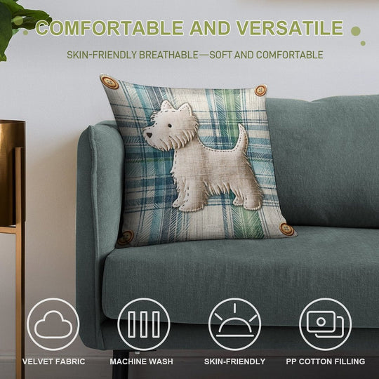 Linen Tartan Stitched Westie Soft Hidden Zipper Throw Pillow