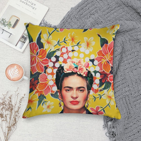 Frida Kahlo Print, Flowers, Color on Ocher Mexican Tablecloth Soft Bedroom Essential Throw Pillow