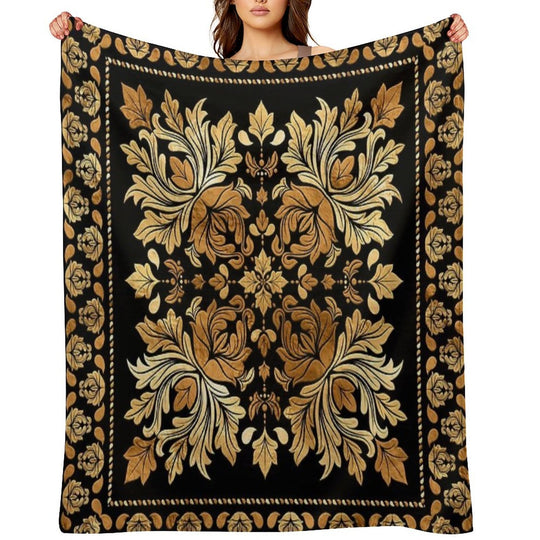 Oriental Vintage Damask Ornament - Black And Gold All-season Throw Blanket