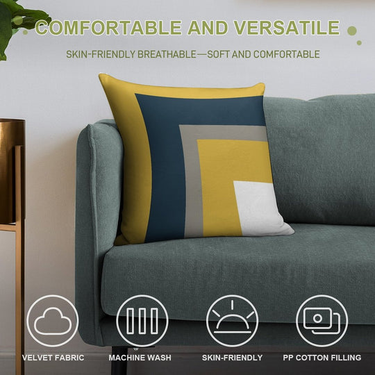 Half Frame Minimalist Geometric Pattern in Mustard Yellow, Navy Blue, Grey, And White Soft Skin-Friendly Throw Pillow