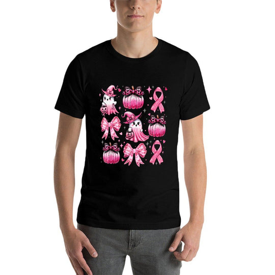 Pink Ghost Coquette Bow Halloween Breast Cancer Awareness  Rolled Sleeves T-Shirt