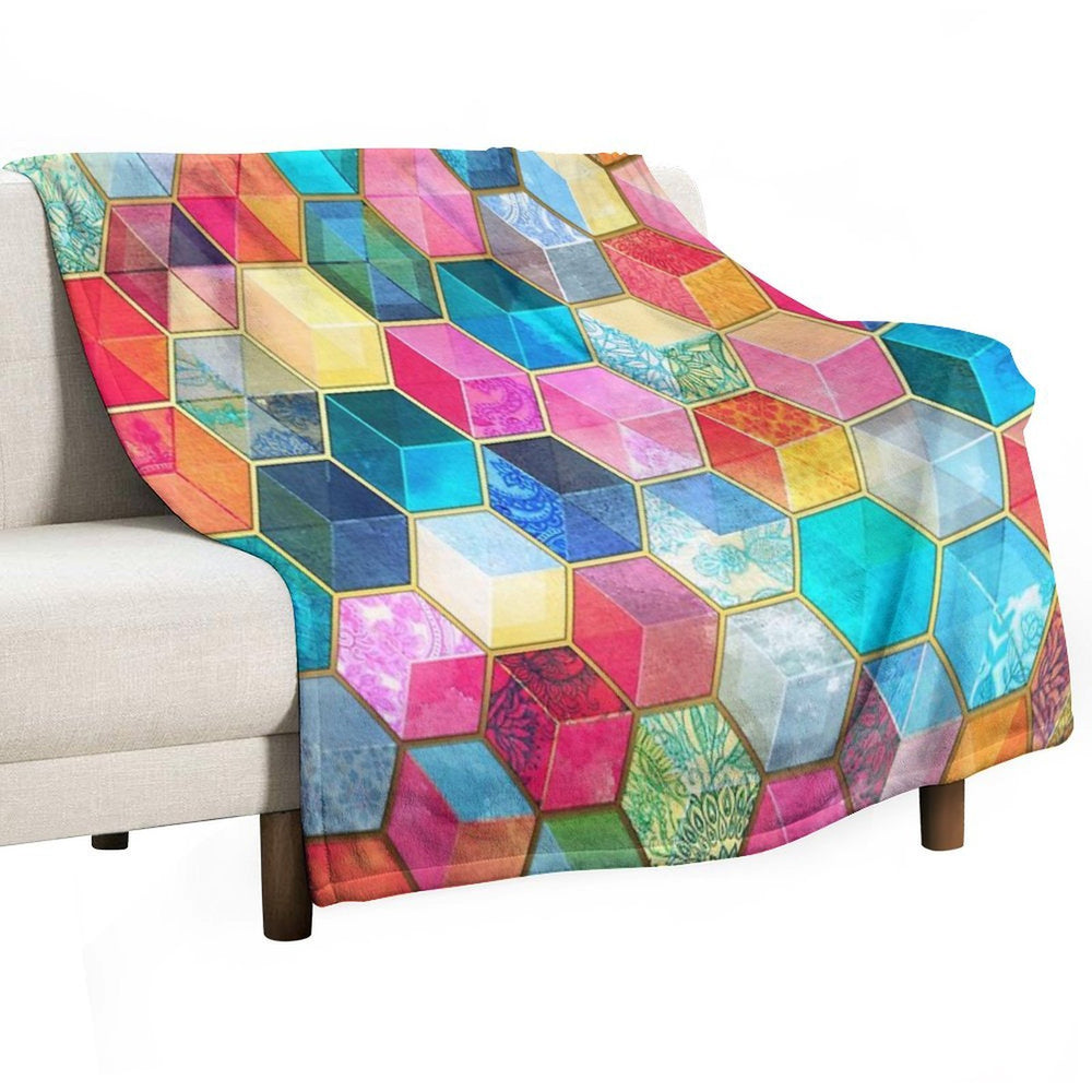 Crystal Bohemian Honeycomb Cubes - Colorful Hexagon Pattern Plush Throw Blanket