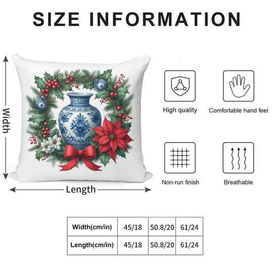 Chinoiserie Christmas Wreath with Blue White Porcelain Ginger Jar Soft Luxury Feel Throw Pillow