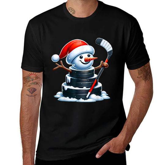 Cartoon Ice Hockey Puck Snowman with Santa Hat Christmas  Affordable Price T-Shirt