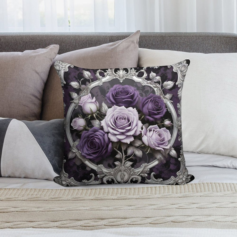 Matte Lilac & Purple Roses With Silver Rococo Soft Luxury Feel Throw Pillow