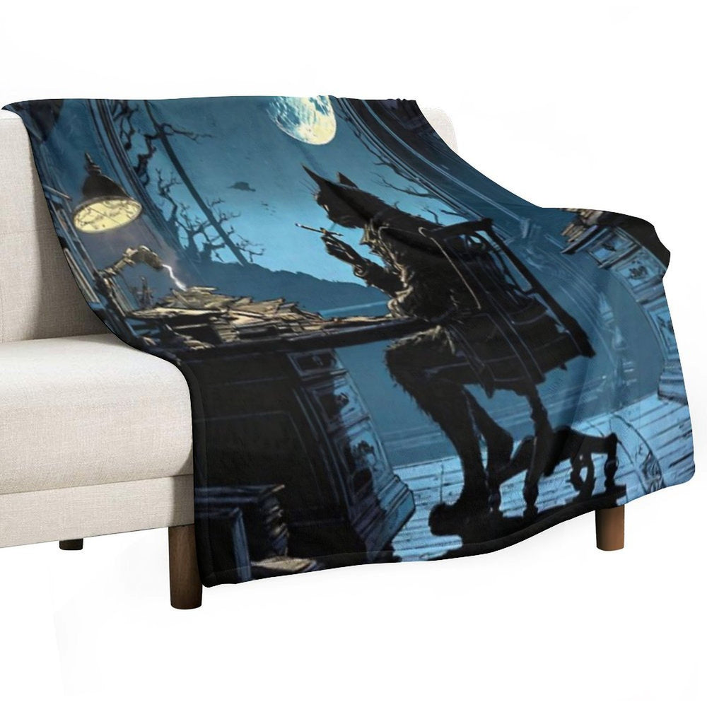 A Cat with A Cigarette in His Office in Front of The Moon Sustainable Throw Blanket