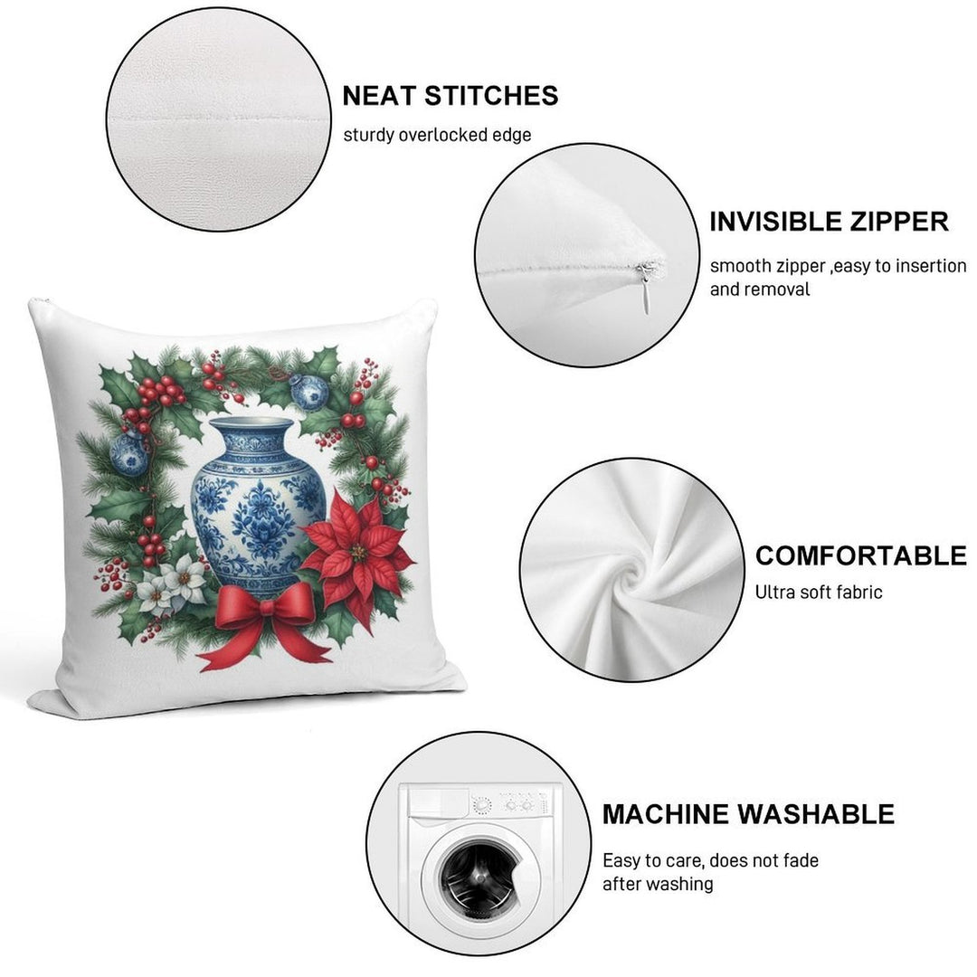 Chinoiserie Christmas Wreath with Blue White Porcelain Ginger Jar Soft Luxury Feel Throw Pillow