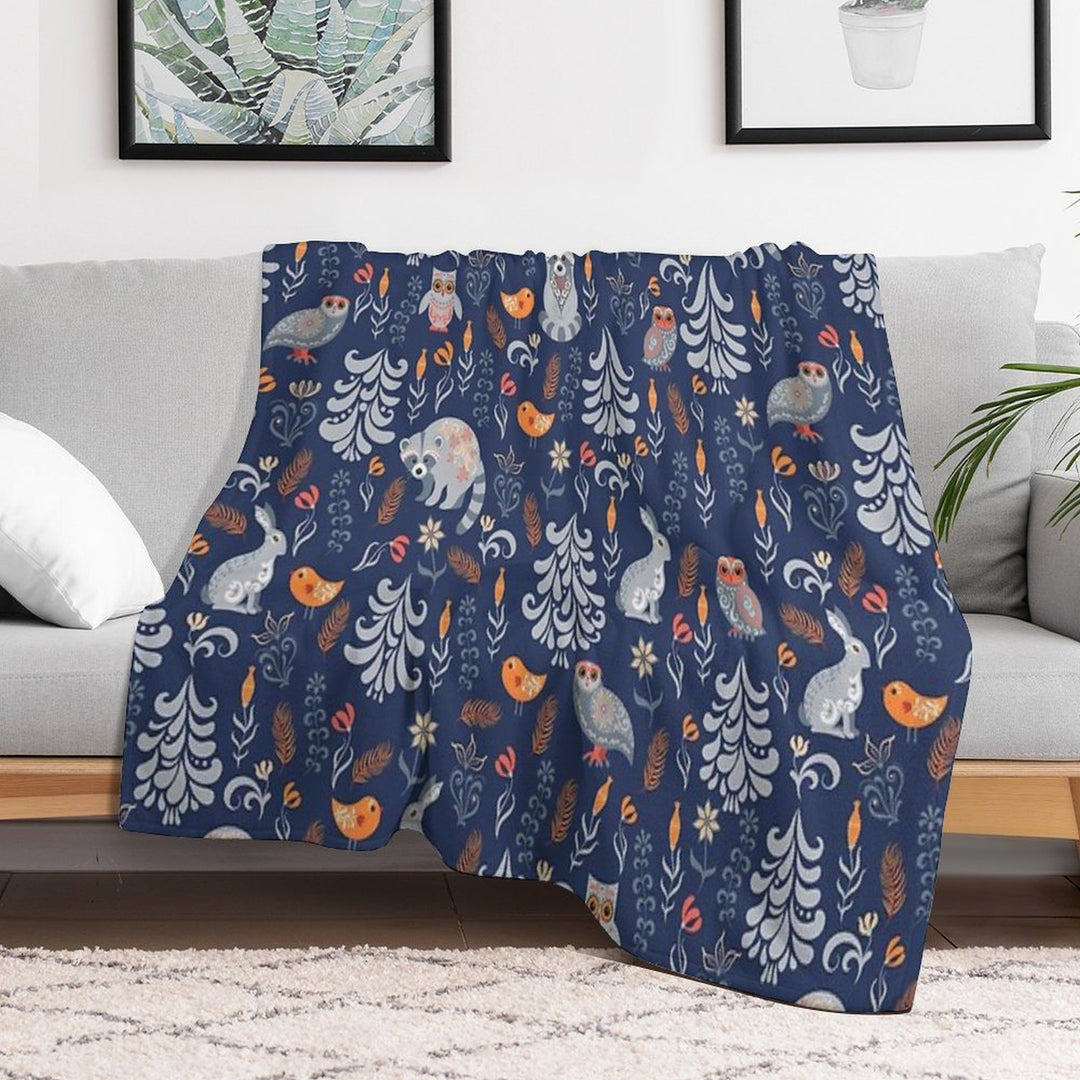 Fairy Forest with Animals And Birds. Raccoons, Owls, Bunnies And Little Chick. All-season Throw Blanket
