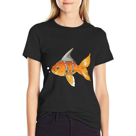 Funny Goldfish with Shark Fin Strapped - Aquarium Koi Carb  Rolled Sleeves T-Shirt