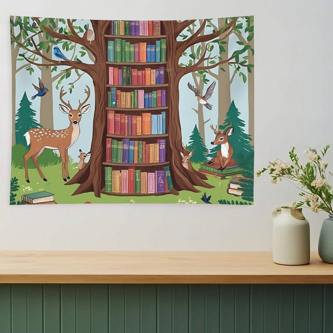 Enchanted Forest Library – Whimsical Book Haven Illustration Tapestry