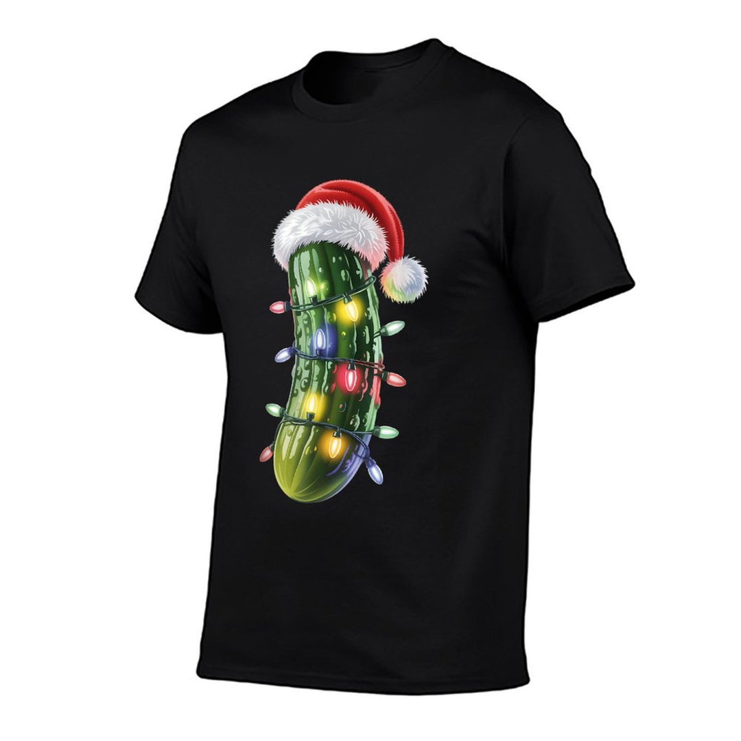 Funny Pickle Santa Hat Christmas Lights Xmas Men Women  Polyester Blend T-Shirt