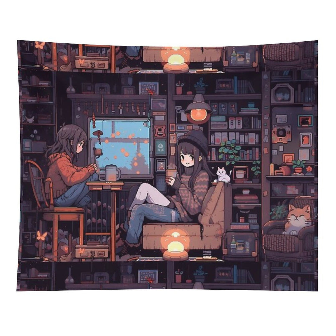 Anime Girls, Pixel Art- Cozy Tapestry