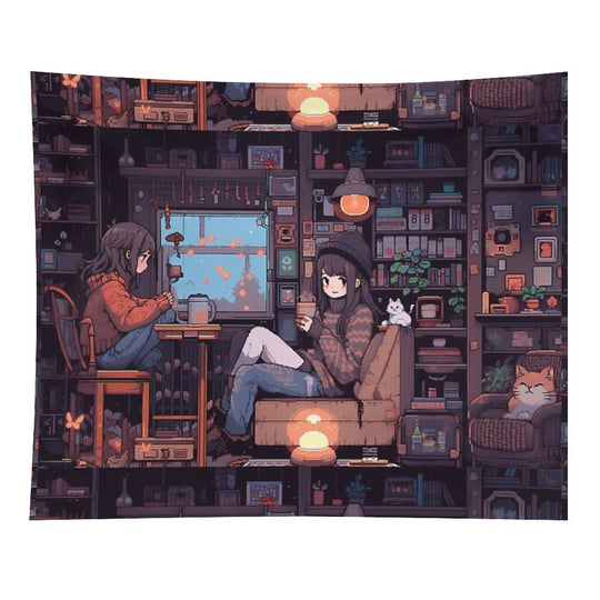 Anime Girls, Pixel Art- Cozy Tapestry