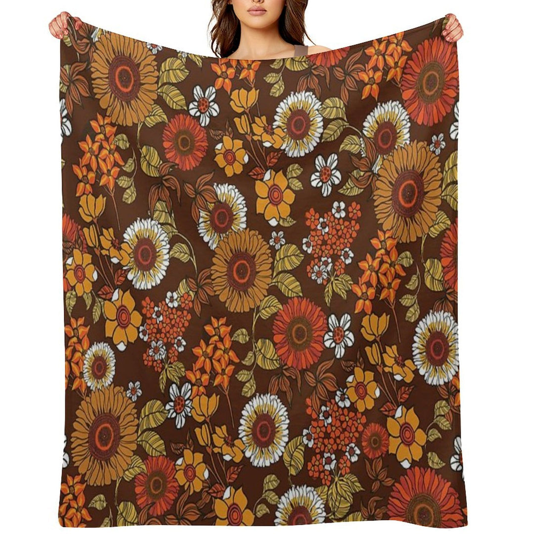 70s Vintage Boho Flowers, Orange, Browns, Hippie, Flower Power Velvety-soft Throw Blanket