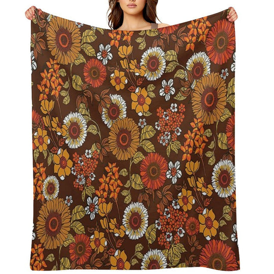 70s Vintage Boho Flowers, Orange, Browns, Hippie, Flower Power Velvety-soft Throw Blanket