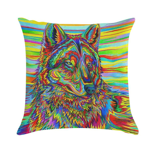 Colorful Psychedelic Rainbow Trippy Wolf Soft Decorative Cover Throw Pillow
