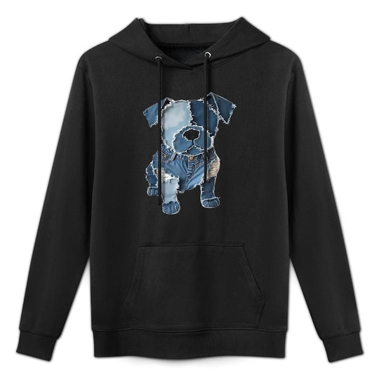 Retro Funny Denim Patch Animal Dog Print Cotton-Polyester Blend Hoodie
