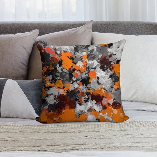 Orange And Grey Paint Splatter Soft Hidden Zipper Throw Pillow