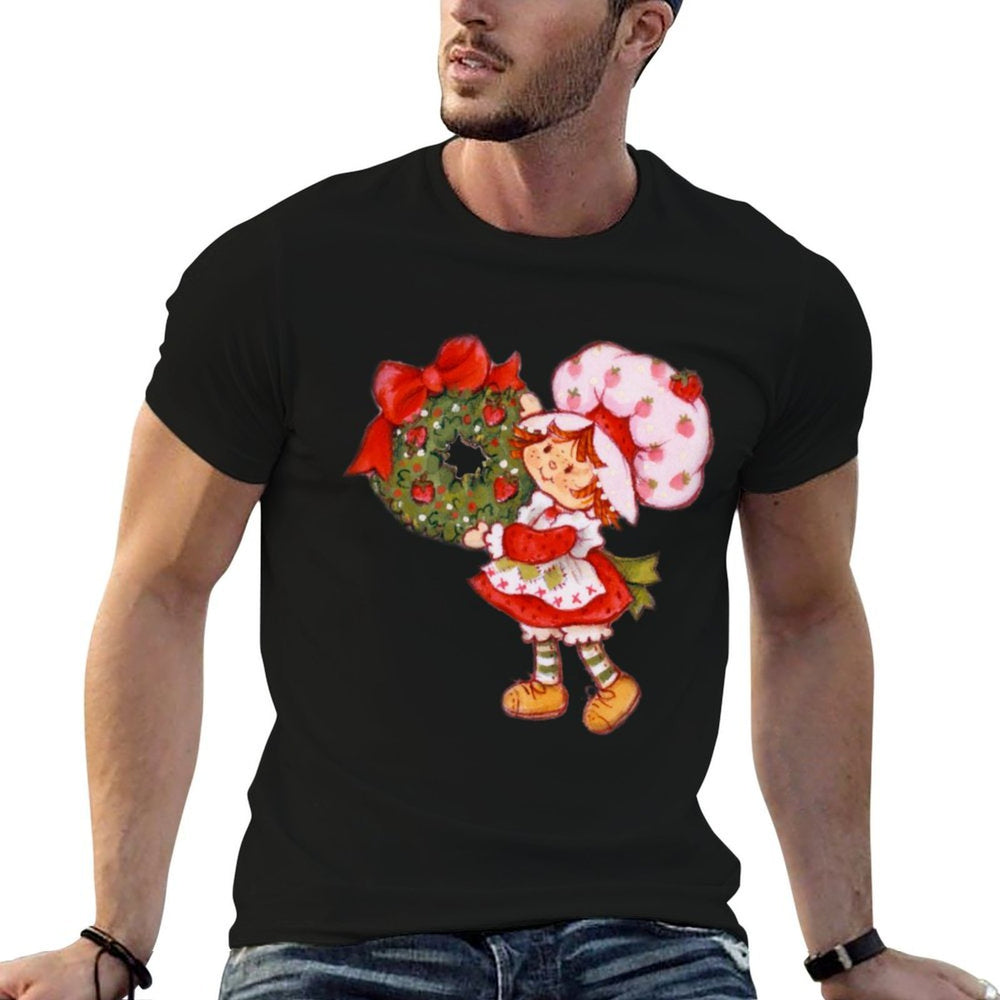 Strawberry Shortcake Holding A Christmas Wreath with Bow  Eco-friendly Material T-Shirt