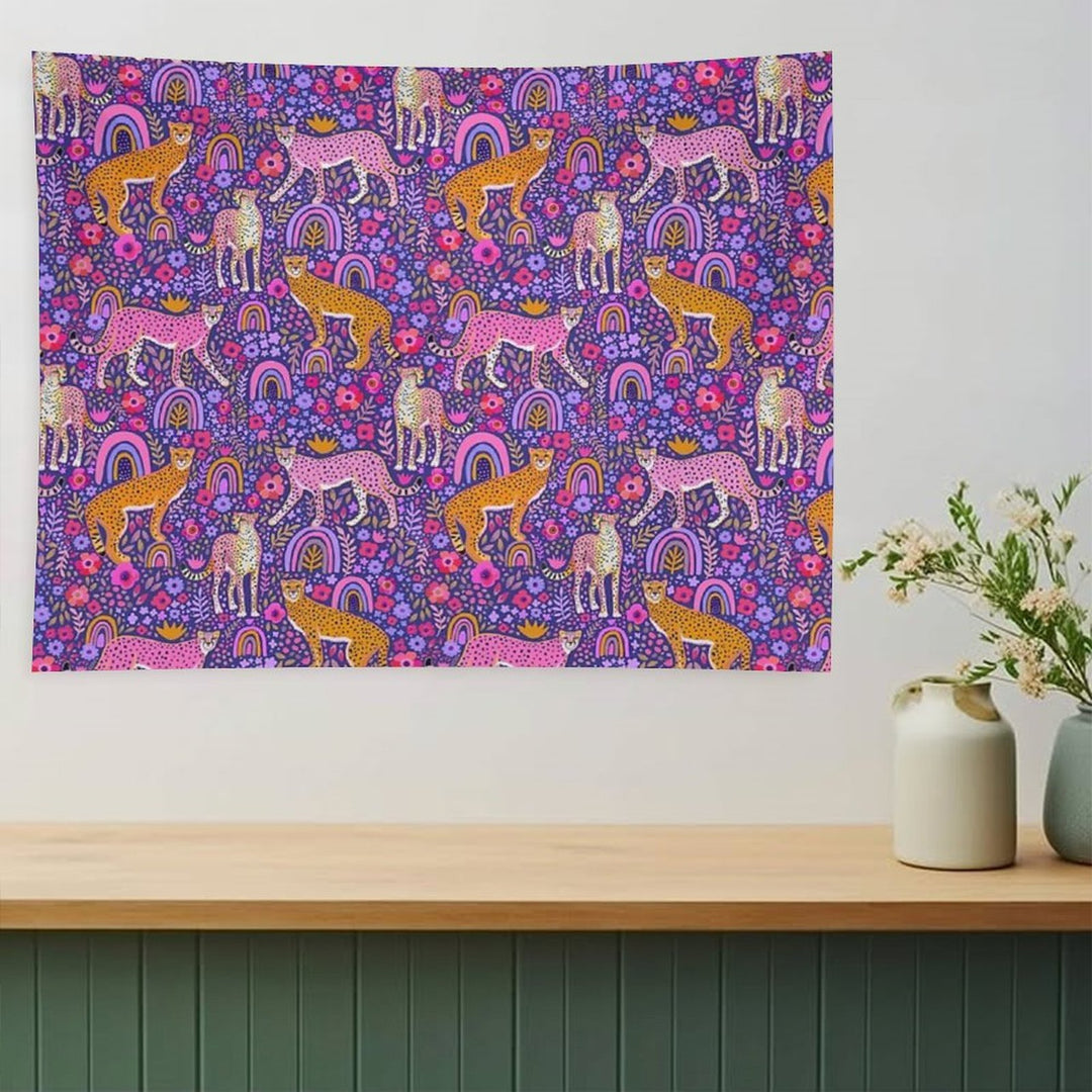 Cheetahs in A Rainbow Garden on Navy Blue Tapestry