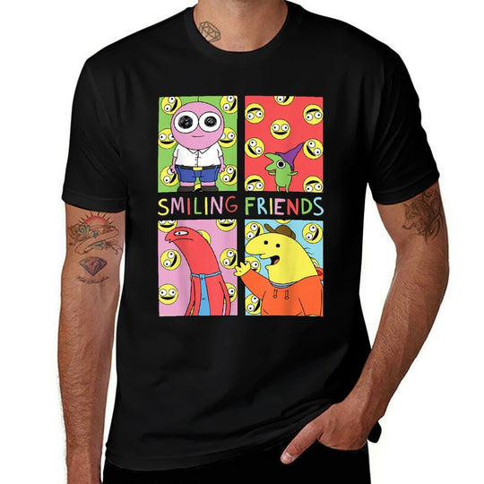 Smiling Friends Pop Art Character Grid Funny Cartoon  Relaxed-fit T-Shirt