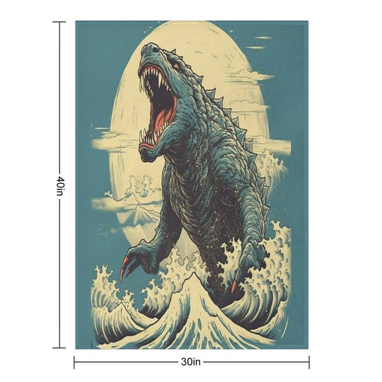 Vintage Japanese Godzilla Great Wave Plush Throw Blanket