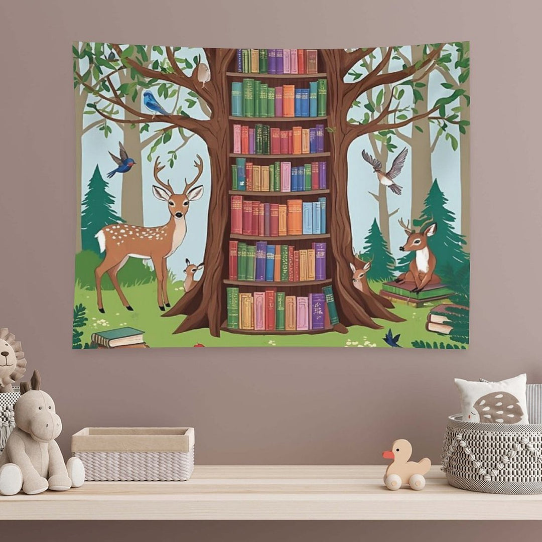 Enchanted Forest Library – Whimsical Book Haven Illustration Tapestry