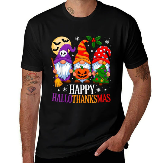 Happy HalloThanksMas Gnomes Halloween Thanksgiving Christmas  Summer-ready Fabric T-Shirt
