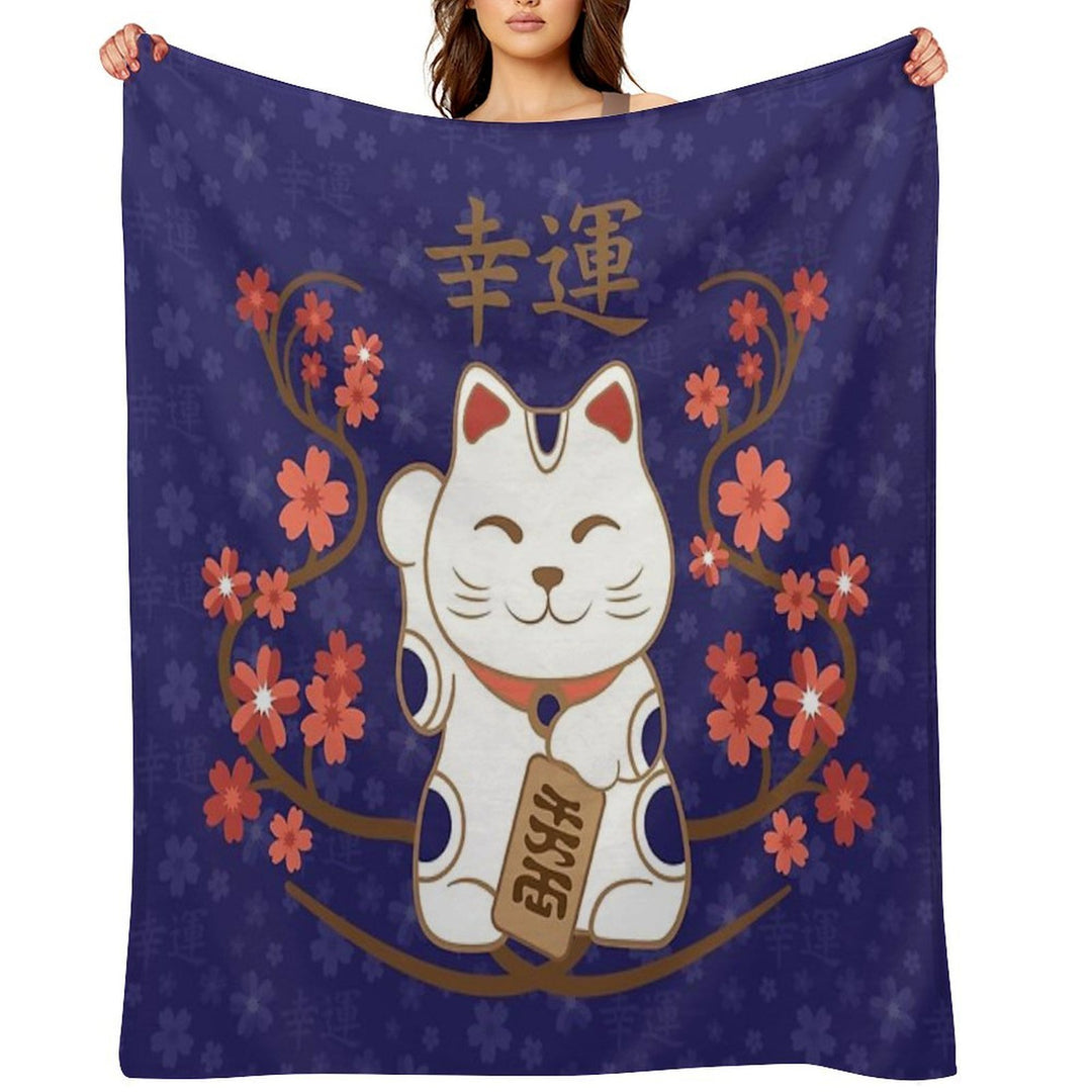 Maneki-neko Cat with Good Luck Kanji Comfort Throw Blanket