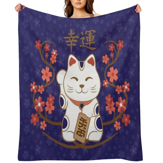 Maneki-neko Cat with Good Luck Kanji Comfort Throw Blanket